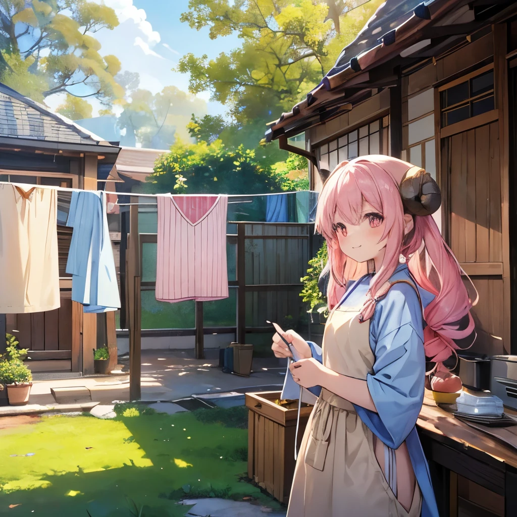 An anime-style illustration of ‘Fua-chan’ hanging laundry in a peaceful, sunlit backyard. Fua-chan has distinctive features: long pink hair styled in ((soft curls resembling sheep’s horns)), tied up in a loose bun. She is wearing a blue long-sleeved shirt with a beige apron, smiling contentedly as she hangs clothes on a clothesline. A laundry basket filled with clothes sits on a small table nearby. The background shows a cozy house with a tiled roof, surrounded by greenery. The overall atmosphere is warm, domestic, and serene, capturing the simple joy of everyday chores.