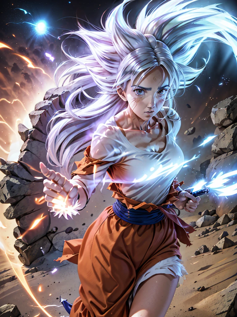 8k, Best Quality, Victoria Villarruel dressed as Goku, 1 girl, ultra_instinct, white_hair, glowing aura, bright white long hair, floating hair raised, bright silver eyes, slim with wide hips, serious mocking expression. outdoor, clearing, plain, desert.