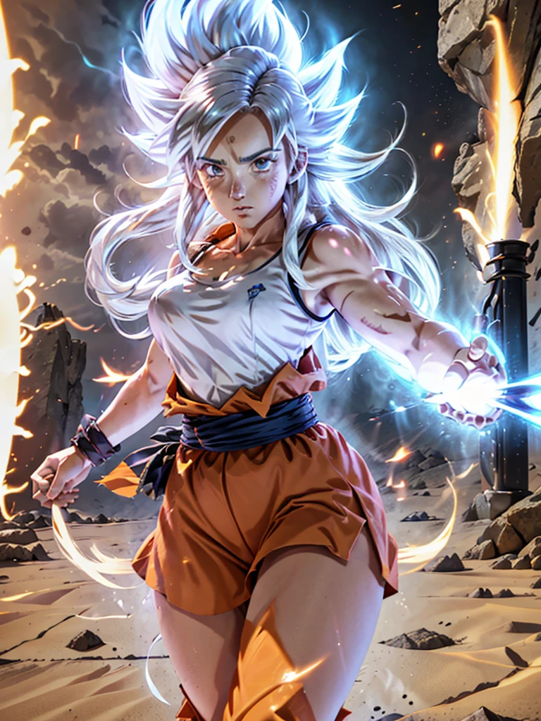 8k, Best Quality, Victoria Villarruel dressed as Goku, 1 girl, ultra_instinct, white_hair, glowing aura, bright white long hair, floating hair raised, bright silver eyes, slim with wide hips, serious mocking expression. outdoor, clearing, plain, desert.