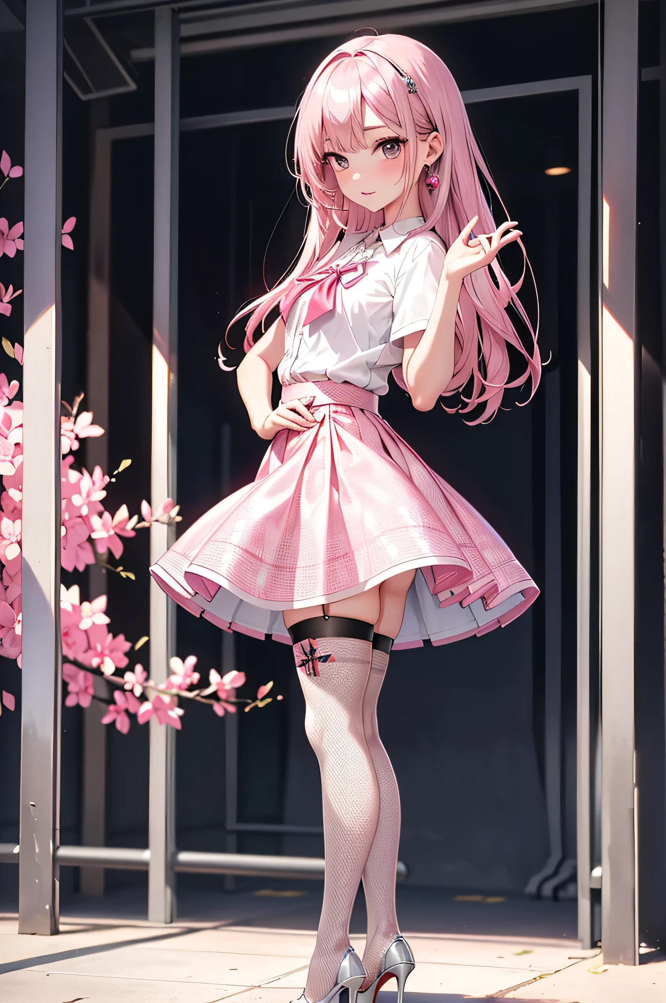 ((Biologically correct limb count)),(( From head to toe,Full-body photo including face)),4K,((Standing position)),masterpiece,((Focus on the face)),((Symmetrical facial features)),Eyes with detailed description,Beautiful woman,Great style,Beautiful arms,Beautiful legs,Beautiful Hands,(Small Ass,Thin thighs),Facial detailing,Small earrings,necklace,(Rubber Y-shirt,mini skirt((High heels,Patterned stockings))),((Meet at the station)),Silk gloves,(((Pink silver hair))),Realistic photo,25-year-old woman