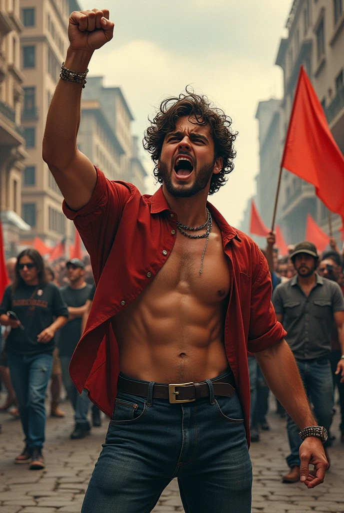 The beauty, strength and masculine power in images over time artistic style (Modernism and Contemporary) The Rebel Environment: Protest street, with banners and barricades.
pose: standing, on the front line, with a raised fist, mostrando una postura challenging.
action: Shouting slogans or confronting the police.
Expression: Enraged, challenging, with an intense look.
Physical Characteristics: slim and athletic body, expressive and determined face.