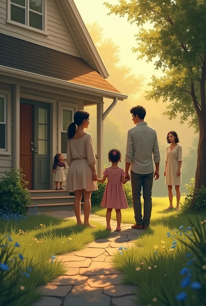 Make a picture of a house in front of the door where there is a family holding hands facing the front, then in the yard of the house there was a woman standing looking at the family with sadness