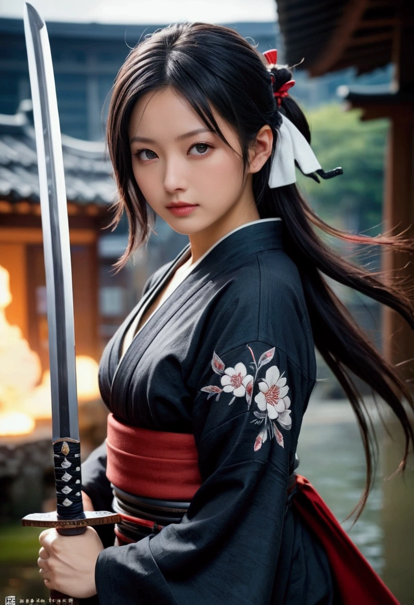 (Japanese sword &reference;Muramasa 2&reference;.2)Beautiful 27 year old woman、Japanese women、Tie your hair back、Hair ornament artist、Shinobi Costume、Warrior、Clear Eyes、{Arm tattoo(SakuraFubuki}&#39;Back Tattoo、Warrior、(Japanese swordを両手で構える、1.3)(Japanese sword1.2)Intermediate position、In front of the body、(Hold the sword sideways 1.3)、whole body、Long Blade Sword、Realistic battle scenes、敵Warriorの返りBlood、Blood、High resolution、Highest quality、Very detailed、8k、background、The castle is burning、Sparks fly、