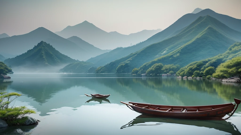 There is a boat floating in the water beside the mountain, Chinese watercolor style, Chinese painting style, Chinese landscape, Chinese style painting, Japanese style painting, detailed scenery - width 672, landscape artwork, tranquil illustration, traditional Chinese painting, traditional Japanese painting, beautiful artwork illustration, Japanese landscape, traditional Chinese ink painting, landscape art detailed, in tranquil scenery