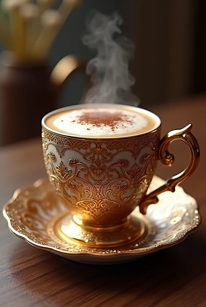 A stunningly realistic cup, inspired by Fabergé and Art Nouveau styles, features intricate gold details and delicate floral designs. It holds a steaming cappuccino coffee with a rich, creamy froth and a sprinkling of cocoa powder on top. The cup appears in ultra-high-definition at 16K resolution, providing an incredibly detailed and lifelike representation of the scene. The overall ambiance is one of opulence and elegance, perfect for a luxurious setting.