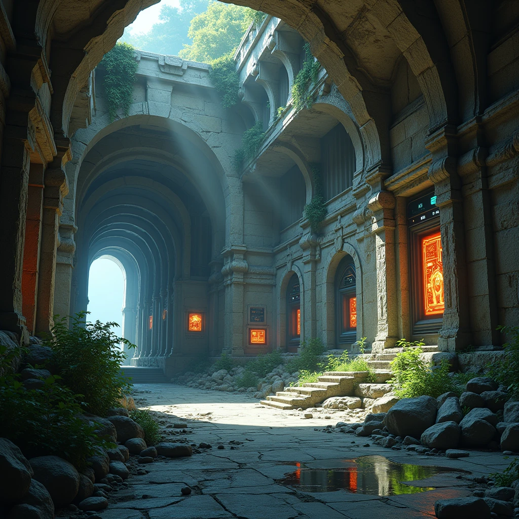 A secret base hidden within ancient ruins, with high-tech equipment integrated into the crumbling stone structures. The base is a mix of ancient history and modern technology, creating a unique blend of past and future. (high resolution, ultra detailed, 8K, cinematic lighting, photorealistic, historical theme)