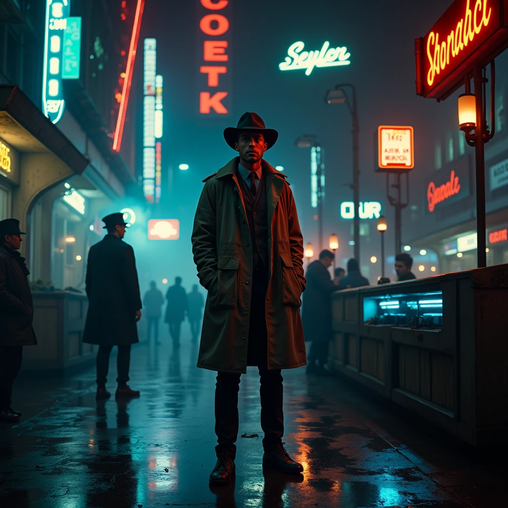 In a dimly lit corner of a bustling spaceport, a weathered private detective stands against a backdrop of flickering neon signs and smoky, industrial haze. This captivating lomographic photograph depicts a retro-futuristic noir-inspired scene, capturing the essence of intergalactic travel. The main subject, the detective, wears a worn trench coat replete with patches, revealing countless adventures. His eyes, veiled under a tilted fedora, hold a glimmer of sharp intuition, etched with wisdom. The grainy texture and muted colors enhance the nostalgic ambiance, transporting viewers to a forgotten era of mystery and exploration. This high-quality image masterfully balances vintage aesthetics and futuristic themes, inviting observers into a captivating cosmic tale.