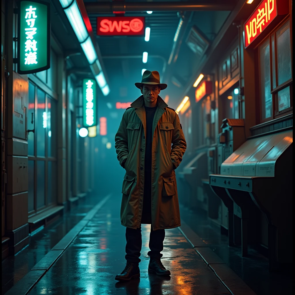 In a dimly lit corner of a bustling spaceport, a weathered private detective stands against a backdrop of flickering neon signs and smoky, industrial haze. This captivating lomographic photograph depicts a retro-futuristic noir-inspired scene, capturing the essence of intergalactic travel. The main subject, the detective, wears a worn trench coat replete with patches, revealing countless adventures. His eyes, veiled under a tilted fedora, hold a glimmer of sharp intuition, etched with wisdom. The grainy texture and muted colors enhance the nostalgic ambiance, transporting viewers to a forgotten era of mystery and exploration. This high-quality image masterfully balances vintage aesthetics and futuristic themes, inviting observers into a captivating cosmic tale.