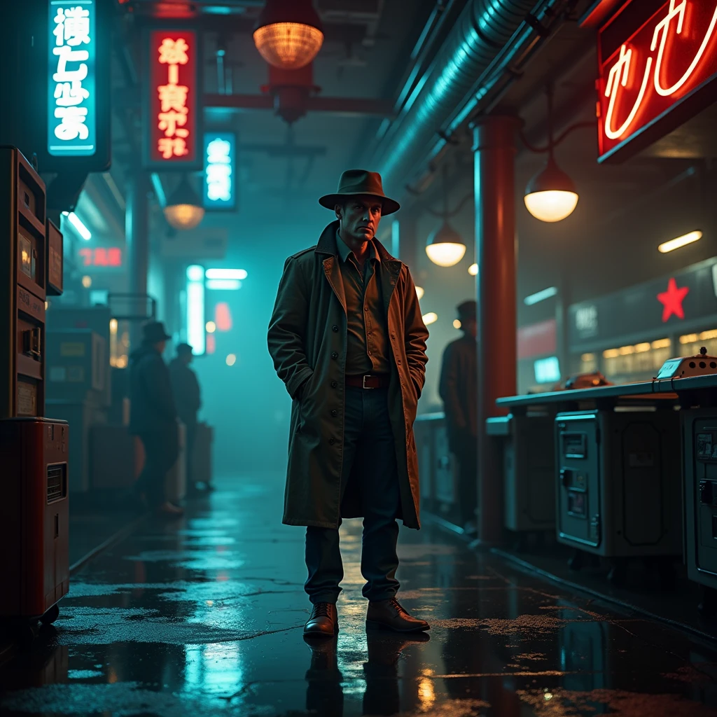 In a dimly lit corner of a bustling spaceport, a weathered private detective stands against a backdrop of flickering neon signs and smoky, industrial haze. This captivating lomographic photograph depicts a retro-futuristic noir-inspired scene, capturing the essence of intergalactic travel. The main subject, the detective, wears a worn trench coat replete with patches, revealing countless adventures. His eyes, veiled under a tilted fedora, hold a glimmer of sharp intuition, etched with wisdom. The grainy texture and muted colors enhance the nostalgic ambiance, transporting viewers to a forgotten era of mystery and exploration. This high-quality image masterfully balances vintage aesthetics and futuristic themes, inviting observers into a captivating cosmic tale.