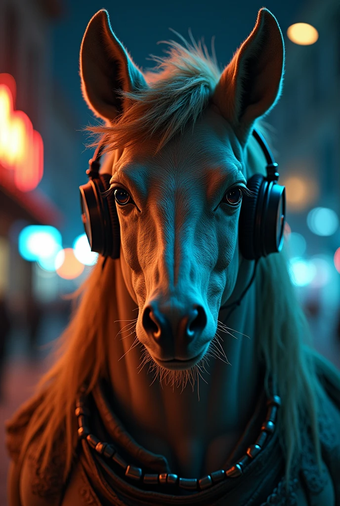 masterpiece, highest quality, beautifully, 1man as a centaur, extremely detailed face and eyes, detailed full body, detailed hair, detailed legendary archer outfit, headphones, (low angle camera), night, colorful, cinematic lighting, photorealistic, 8k, hyper detailed, intricate details, (best quality:1.2), (realistic:1.37), (masterpiece:1.2)