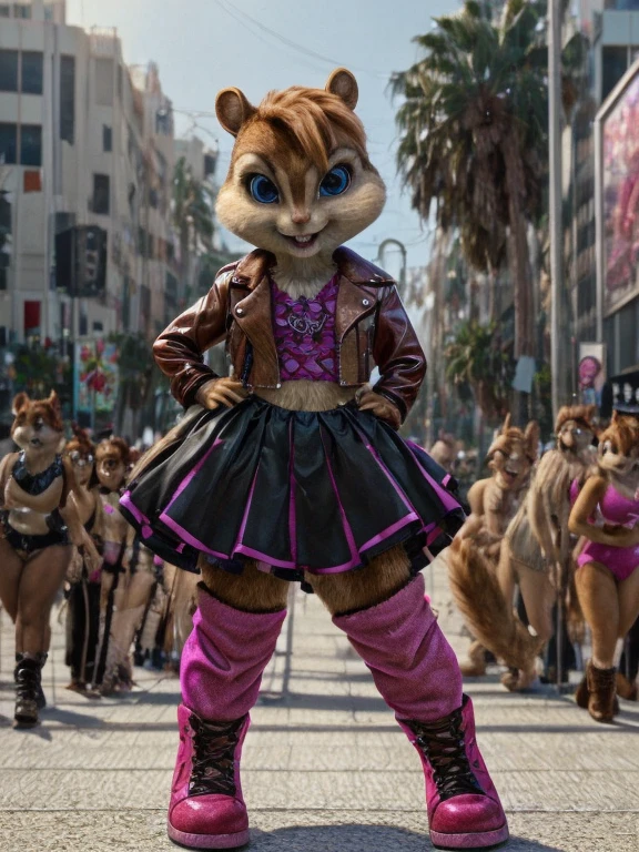 score_9, score_8_up, score_7, score_6, Hollywood Boulevard, brittany miller, chipmunk, furry, short ears, Gothic top, pink leather jacket, pink Gothic skirt, black leggings, pink boots, looking at viewer, 6 inches tall,