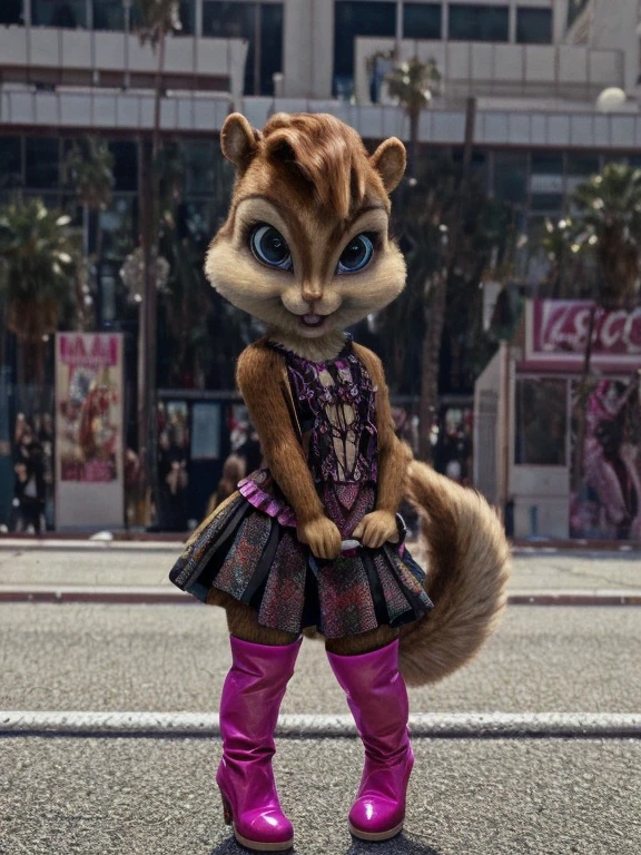 score_9, score_8_up, score_7, score_6, Hollywood Boulevard, brittany miller, chipmunk, furry, short ears, Gothic top, pink leather jacket, pink Gothic skirt, black leggings, pink boots, looking at viewer, 6 inches tall,