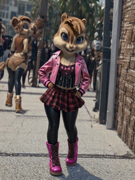 score_9, score_8_up, score_7, score_6, Hollywood Boulevard, brittany miller, chipmunk, furry, short ears, Gothic top, pink leather jacket, pink Gothic skirt, black leggings, pink boots, looking at viewer, 6 inches tall,