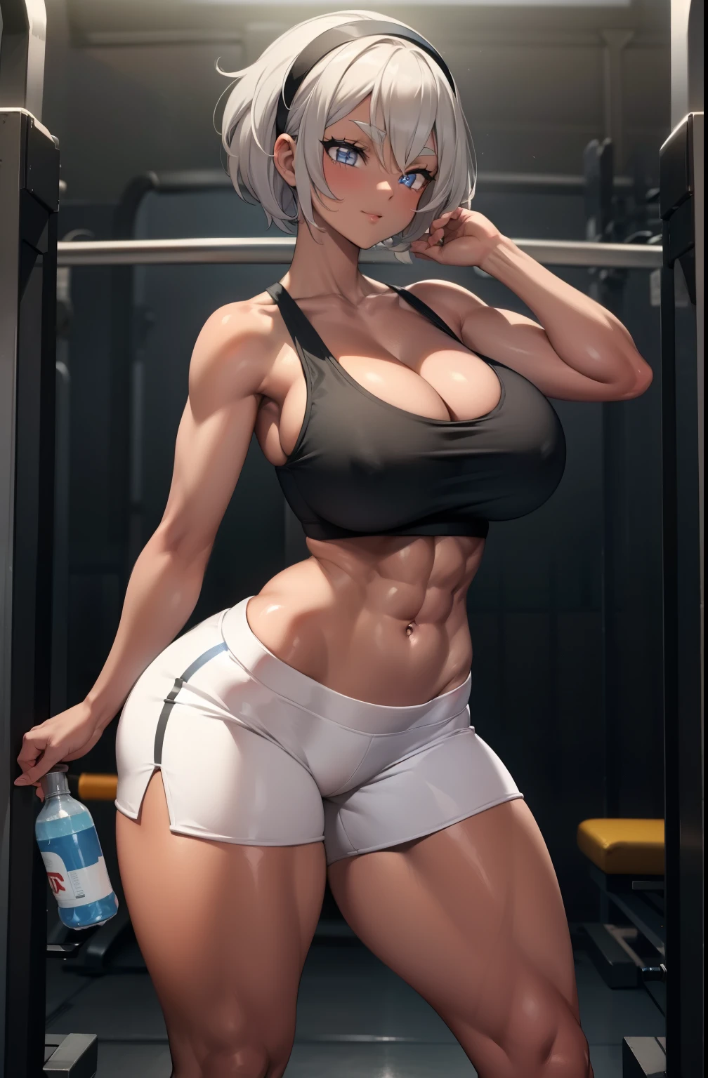 Perfect CG unity 8K UHD wallpaper(girl, huge breasts, cleavage toned body, muscular, abs, dark skin, short white colored hair, vibrant glowing blue eyes, long detailed eyelashes) smiling sexy seductive facial expression, blushing, thick thighs, standing in a dynamic pose, wearing black tank top, white shorts, in the gym, perfect masterpiece, best quality, best resolution, hairband, collarbone, bursting breasts, midriff, wearing gym outfit, sportsbra, holding sportsdrink bottle