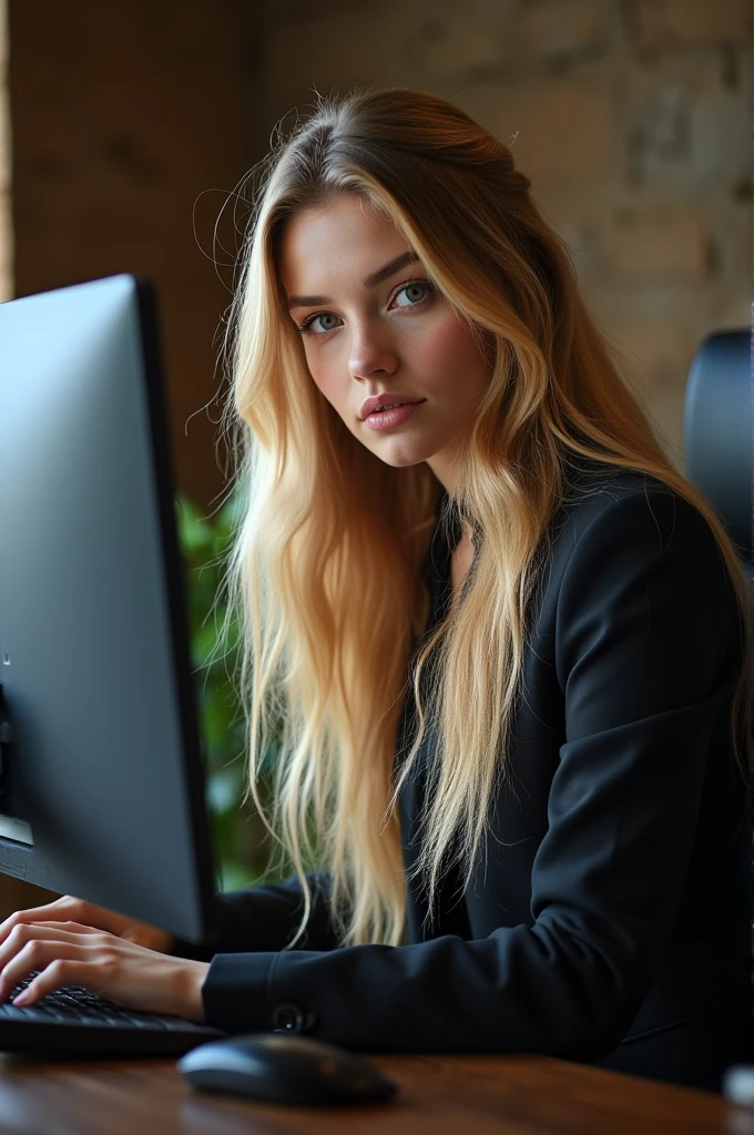 beautiful girl with long blond hair, detailed eyes, nose, and lips, noseить профессиональную одежду, sitting in his office, using her computer, компьютер HP (Best quality,4K,8 K,a high resolution,masterpiece:1.2),ultra detailed,(realistic,photorealistic,photo-realistic:1.37),HDR,studio lighting,very detailed face and body, portrait,cinematic lighting,dramatic lighting,warm color tones,Dramatic colors