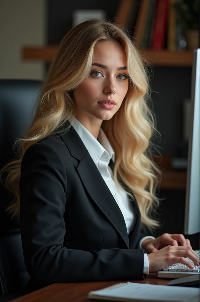 beautiful girl with long blond hair, detailed eyes, nose, and lips, noseить профессиональную одежду, sitting in his office, using her computer, компьютер HP (Best quality,4K,8 K,a high resolution,masterpiece:1.2),ultra detailed,(realistic,photorealistic,photo-realistic:1.37),HDR,studio lighting,very detailed face and body, portrait,cinematic lighting,dramatic lighting,warm color tones,Dramatic colors