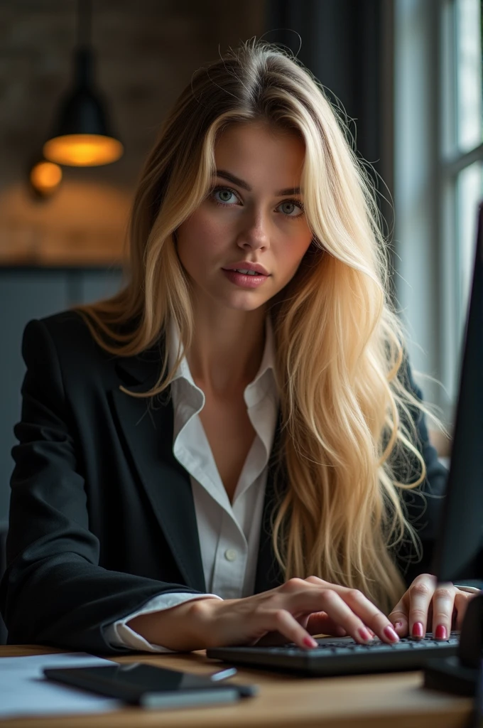 beautiful girl with long blond hair, detailed eyes, nose, and lips, noseить профессиональную одежду, sitting in his office, using her computer, компьютер HP (Best quality,4K,8 K,a high resolution,masterpiece:1.2),ultra detailed,(realistic,photorealistic,photo-realistic:1.37),HDR,studio lighting,very detailed face and body, portrait,cinematic lighting,dramatic lighting,warm color tones,Dramatic colors
