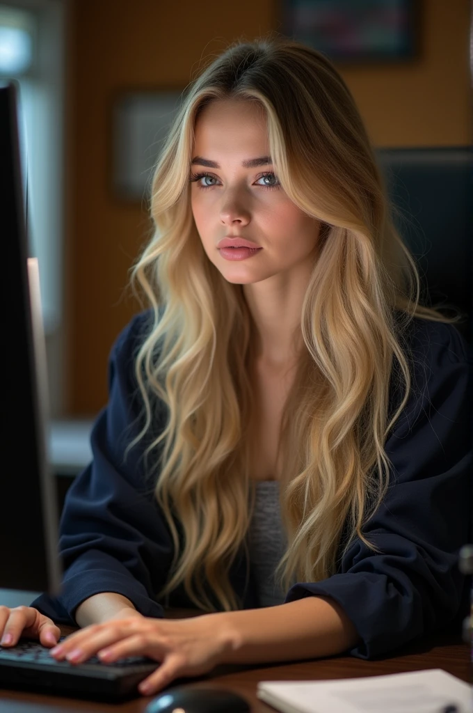 beautiful girl with long blond hair, detailed eyes, nose, and lips, noseить профессиональную одежду, sitting in his office, using her computer, компьютер HP (Best quality,4K,8 K,a high resolution,masterpiece:1.2),ultra detailed,(realistic,photorealistic,photo-realistic:1.37),HDR,studio lighting,very detailed face and body, portrait,cinematic lighting,dramatic lighting,warm color tones,Dramatic colors