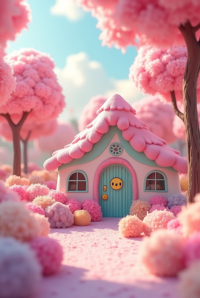 Sakura House Gloria Studio, The garden is filled with rainbow-colored cotton candy., Fairy tale、fluffy、Dreamy and cute、Clay Materials, Cartoon design style, POP MART, Soft lighting, Smooth lines, Tilt-shift lens, Detailed sci-fi illustrations, Ultra-Realistic Details, warm color