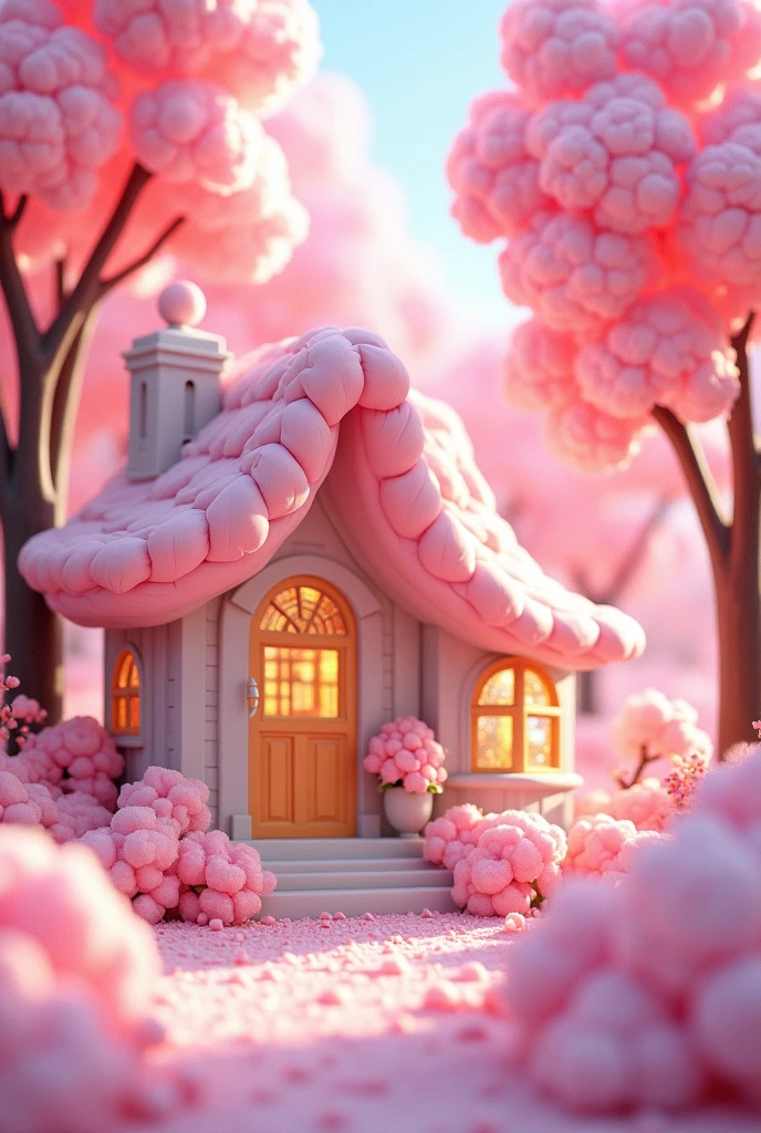 Sakura House Gloria Studio, The garden is filled with rainbow-colored cotton candy., Fairy tale、fluffy、Dreamy and cute、Clay Materials, Cartoon design style, POP MART, Soft lighting, Smooth lines, Tilt-shift lens, Detailed sci-fi illustrations, Ultra-Realistic Details, warm color