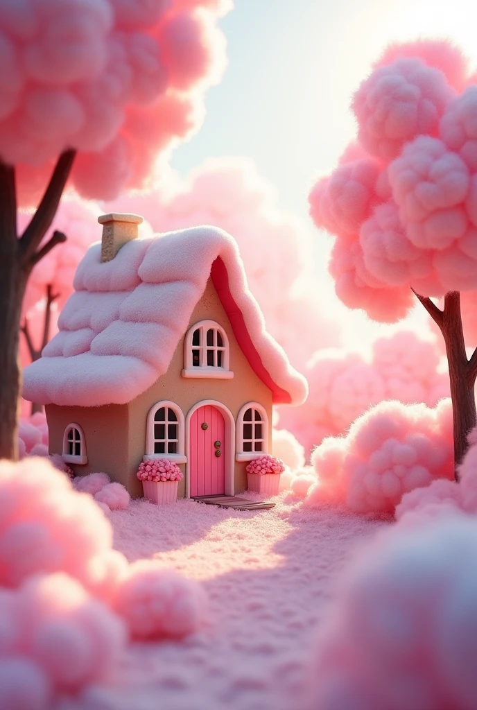 Sakura House Gloria Studio, The garden is filled with rainbow-colored cotton candy., Fairy tale、fluffy、Dreamy and cute、Clay Materials, Cartoon design style, POP MART, Soft lighting, Smooth lines, Tilt-shift lens, Detailed sci-fi illustrations, Ultra-Realistic Details, warm color