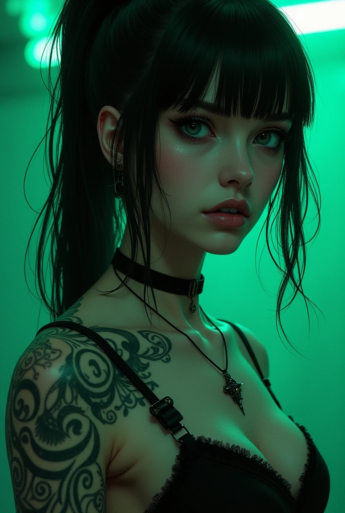 girl、Tattoo、tobacco、cyber punk、Black Hair、Monochrome、Fluorescent Green、An illustration