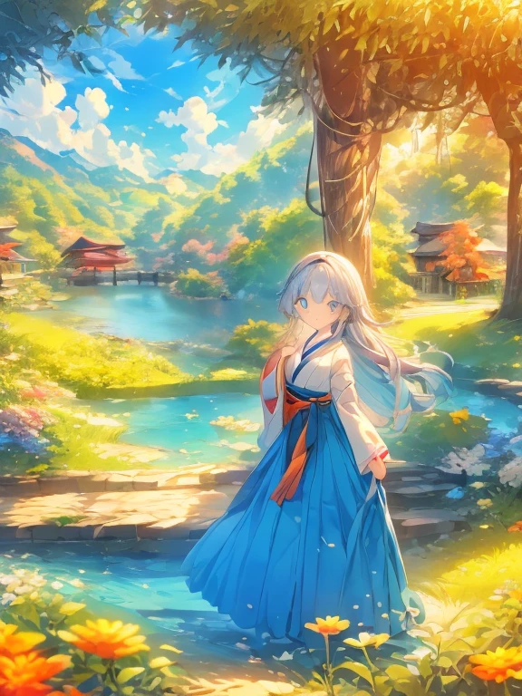 ((Highest quality)), ((masterpiece))、Small breasts are justice、background(Magnificent View)、View from afar、Multiple people、Two women、Two shrine maidens、Dance、prayer、Uplifting、Guidance、(Blue and silver long hair、Blue-green eyes)、(Scarlet long hair、Orange eyes)、Miko costume、Hakama、morning haze、shrine、anime