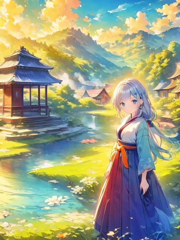 ((Highest quality)), ((masterpiece))、Small breasts are justice、background（Magnificent View）、View from afar、Multiple people、Two women、Two shrine maidens、Dance、prayer、Uplifting、Guidance、(Blue and silver long hair、Blue-green eyes)、(Scarlet long hair、Orange eyes)、Miko costume、Hakama、morning haze、shrine、anime