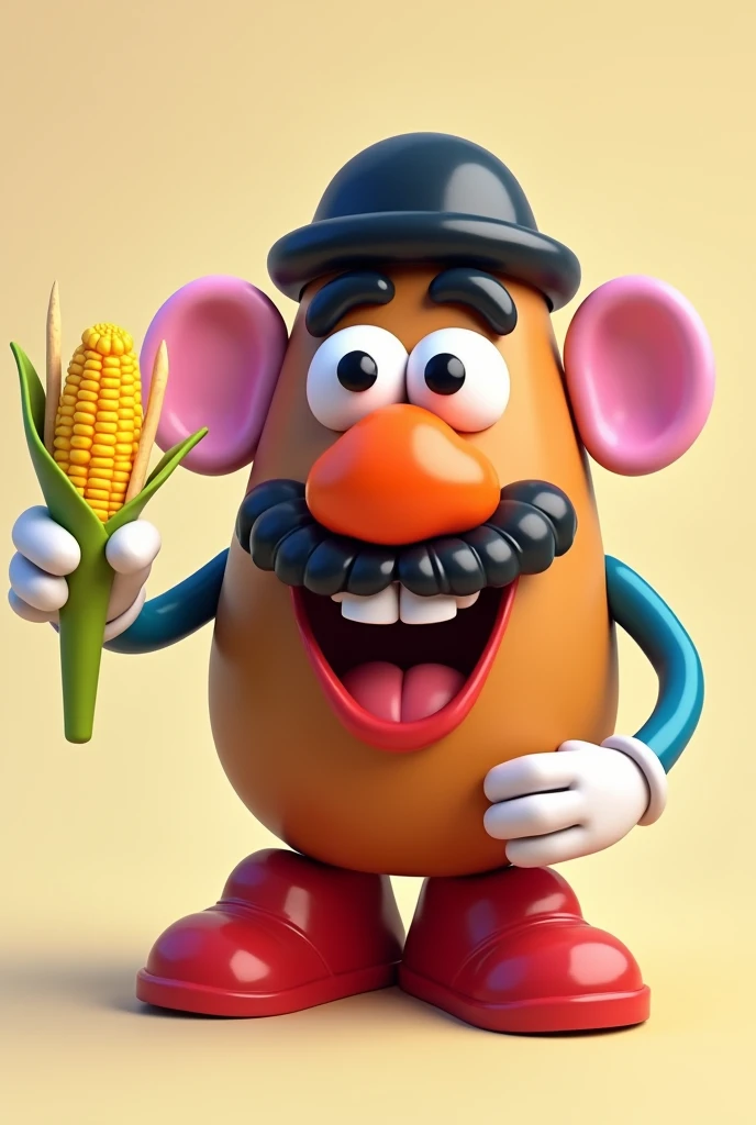 Create a smiling Mr. Potato Head with a corncob in his right hand and French fries in his left hand.