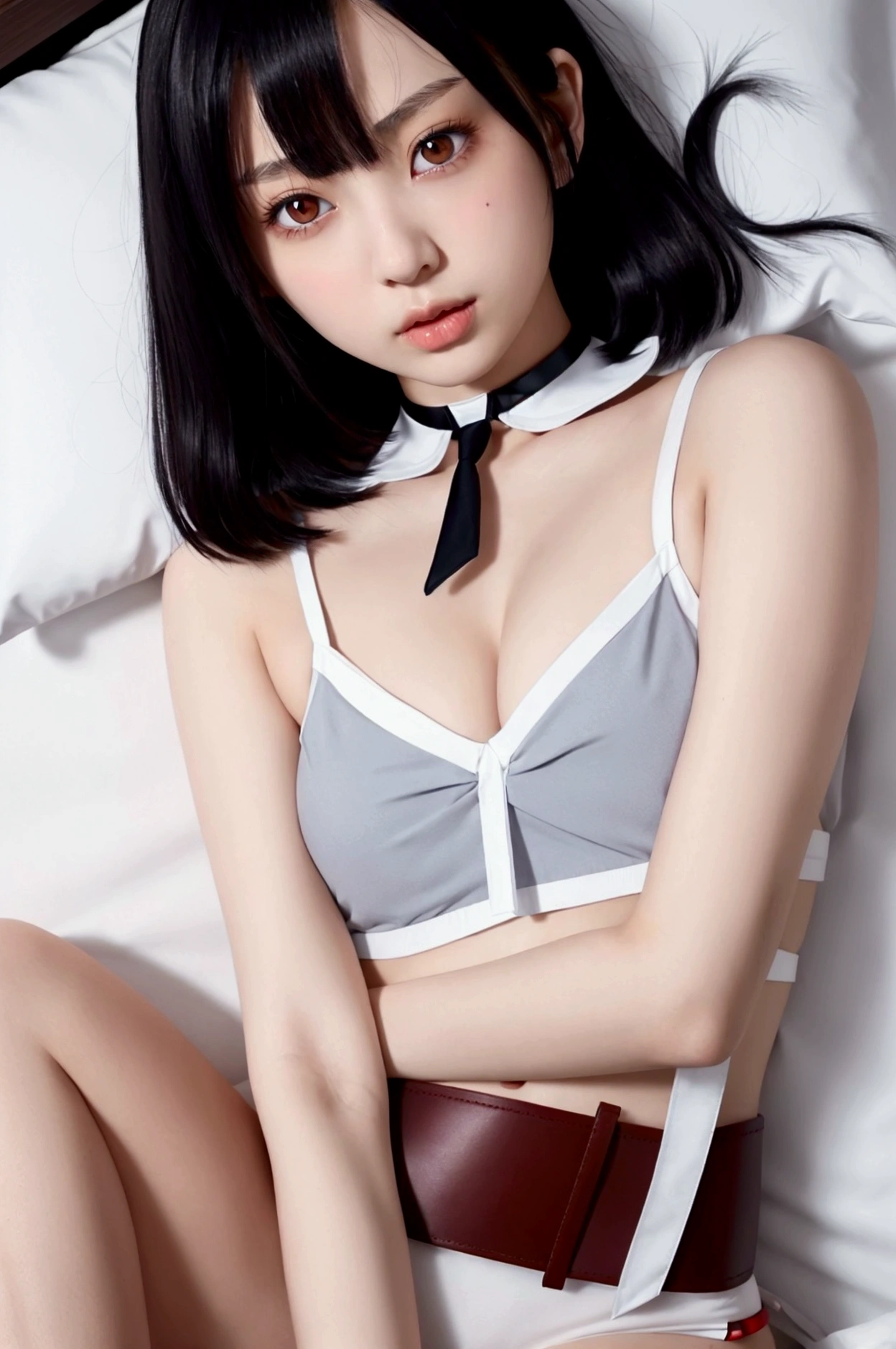 neat girl is beautiful japanese female and beautiful russian female mixed race only in the face age is 17 features of the whole body black hair medium straight bob cut hair style beautiful small face with short eyelashes boyish eyes only high nose dark blue pupils very thin upper lip milky white skin accurate attractive body shape beautiful bust waist hip s thighs knees legs choker and tie on neck wearing big shirt with collar full body lie down on bed