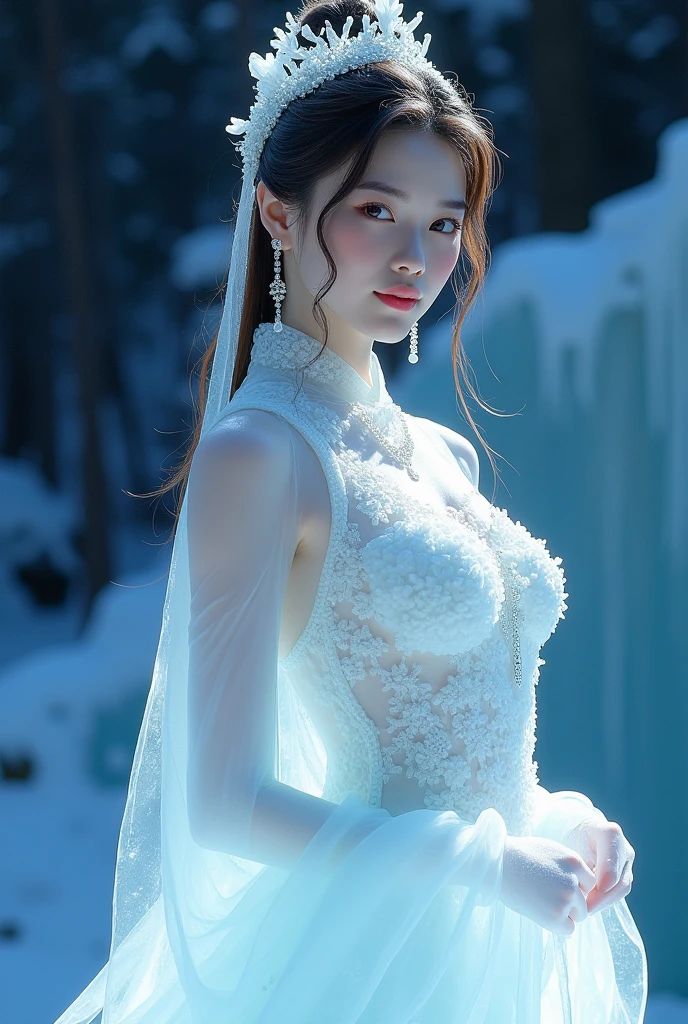 (ice - carving:1.4),Movie Angle,(Fan Bingbing, ice sculpture girl,Anatomically correct,full bodyesbian,Masterpiece ice sculpture camellia,Representative work Hanfu,Smile),sexy