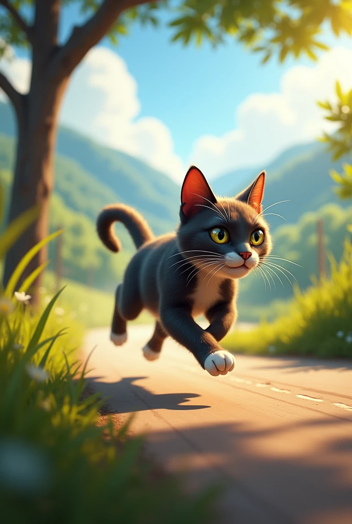 Generate a imege cat running road 