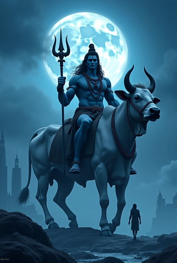 a powerful muscular lord shiva sitting on a giant muscular cow nandi, blue tinted night sky with cloudy moon, lord shiva holding trishul, nandi walking on water, tiny buildings, tiny human, fantasy landscape, (best quality,4k,8k,highres,masterpiece:1.2),ultra-detailed,(realistic,photorealistic,photo-realistic:1.37),dramatic lighting,cinematic composition,intricate details,vibrant colors,mystical atmosphere,