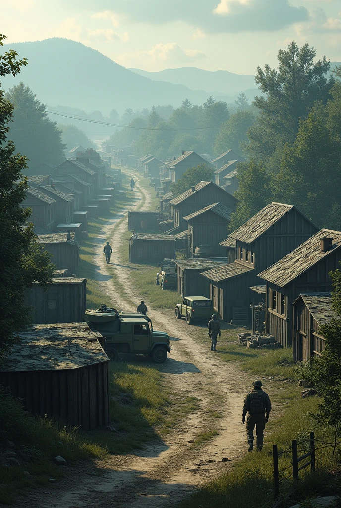 A zoom-in on a hidden military base on the outskirts of the village. The base is camouflaged but visible upon closer inspection. Trucks, tanks, and soldiers are seen preparing for something.