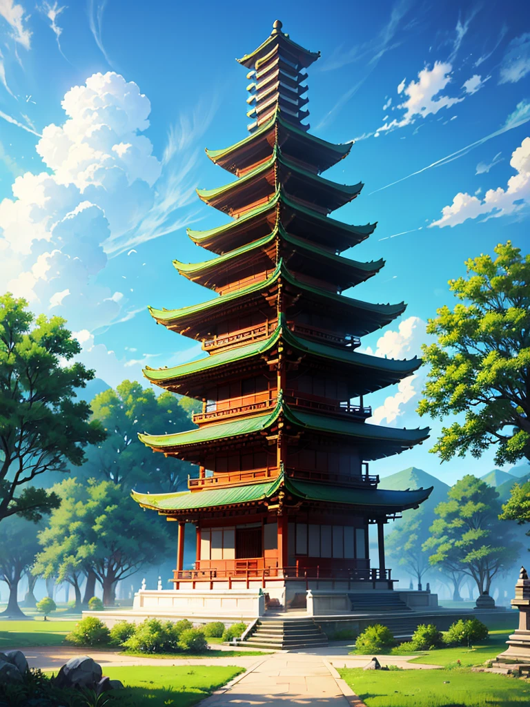 a three story chinise pagoda with green nature backround, no people. clear blue sky with clouds.