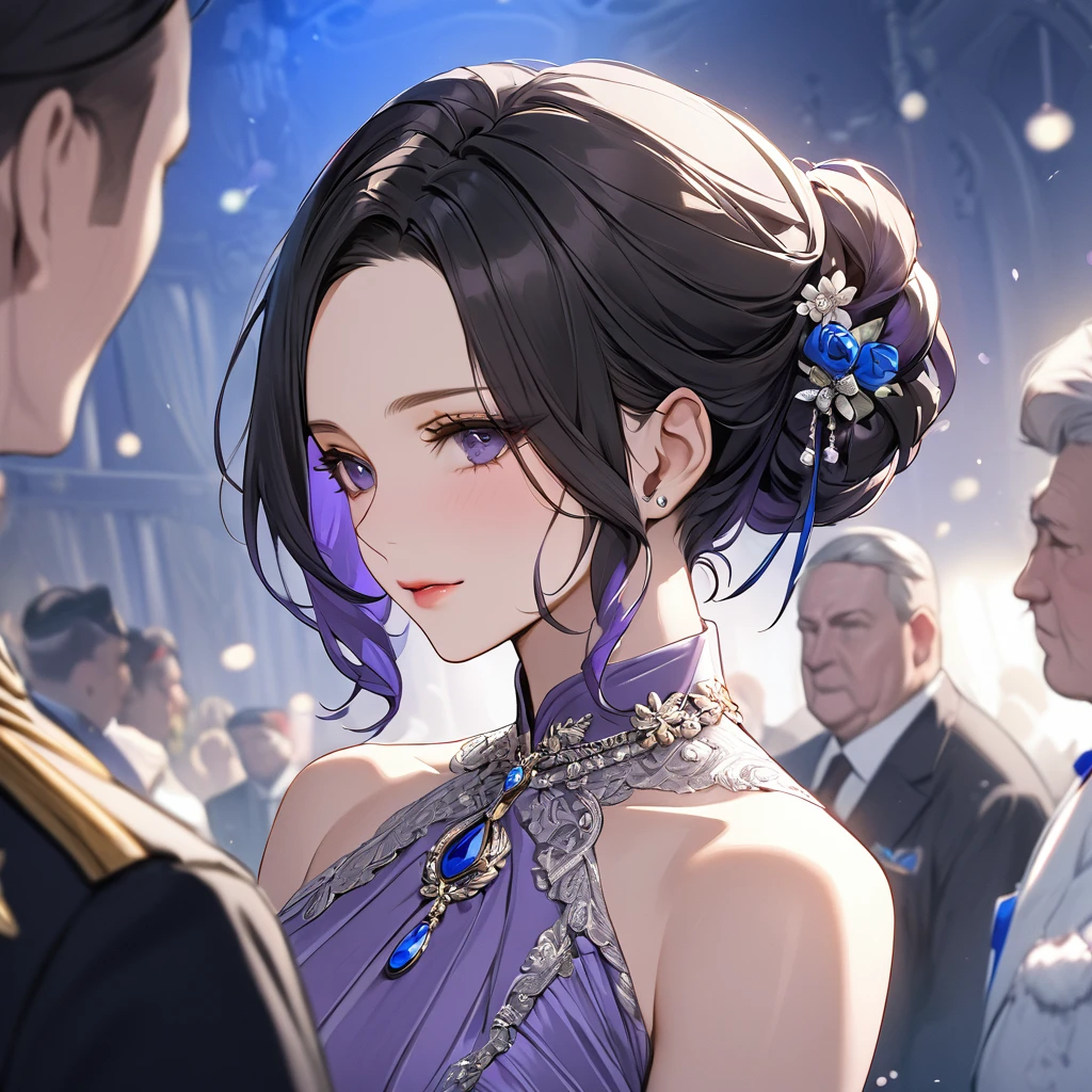 ((Highest quality)), ((masterpiece)), (detailed), (Perfect Face)、The woman is Shinobu Kocho, a Russian with black hair in a purple gradient bob style, tied up in a formal evening hairstyle.、The woman is a member of the United Russia party and is beautifully dressed in the fine attire and luxurious accessories appropriate for a party member.、She is a United Russia member who is dedicated to the cause of a great United Russia, and she deeply respects and worships the leader of the Great Russian Party, a United Russia supremacist.、The woman is close to and follows United Russia officials.