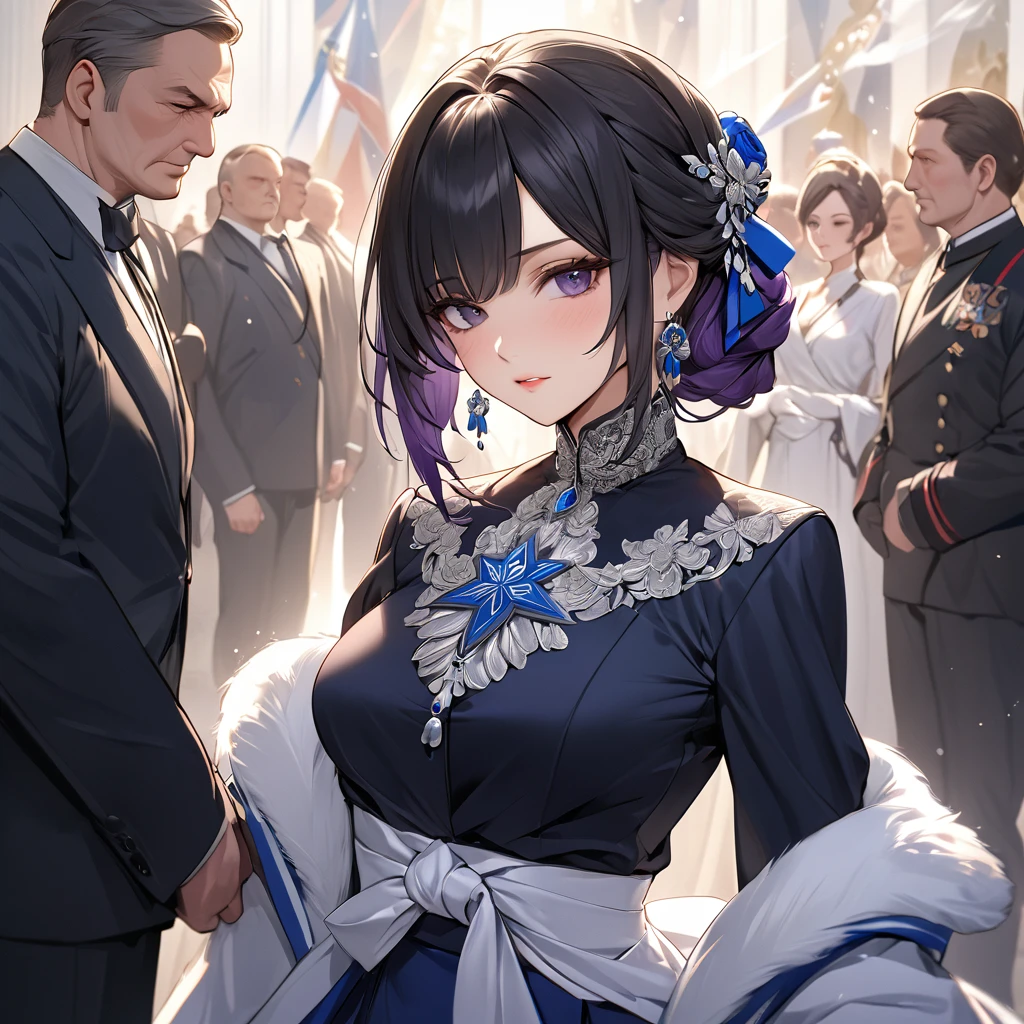 ((Highest quality)), ((masterpiece)), (detailed), (Perfect Face)、The woman is Shinobu Kocho, a Russian with black hair in a purple gradient bob style, tied up in a formal evening hairstyle.、The woman is a member of the United Russia party and is beautifully dressed in the fine attire and luxurious accessories appropriate for a party member.、She is a United Russia member who is dedicated to the cause of a great United Russia, and she deeply respects and worships the leader of the Great Russian Party, a United Russia supremacist.、The woman is close to and follows United Russia officials.