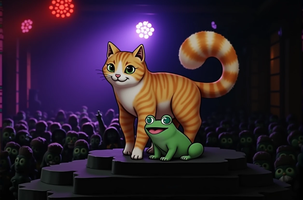 a fat orange cat + doraemo+ green frog