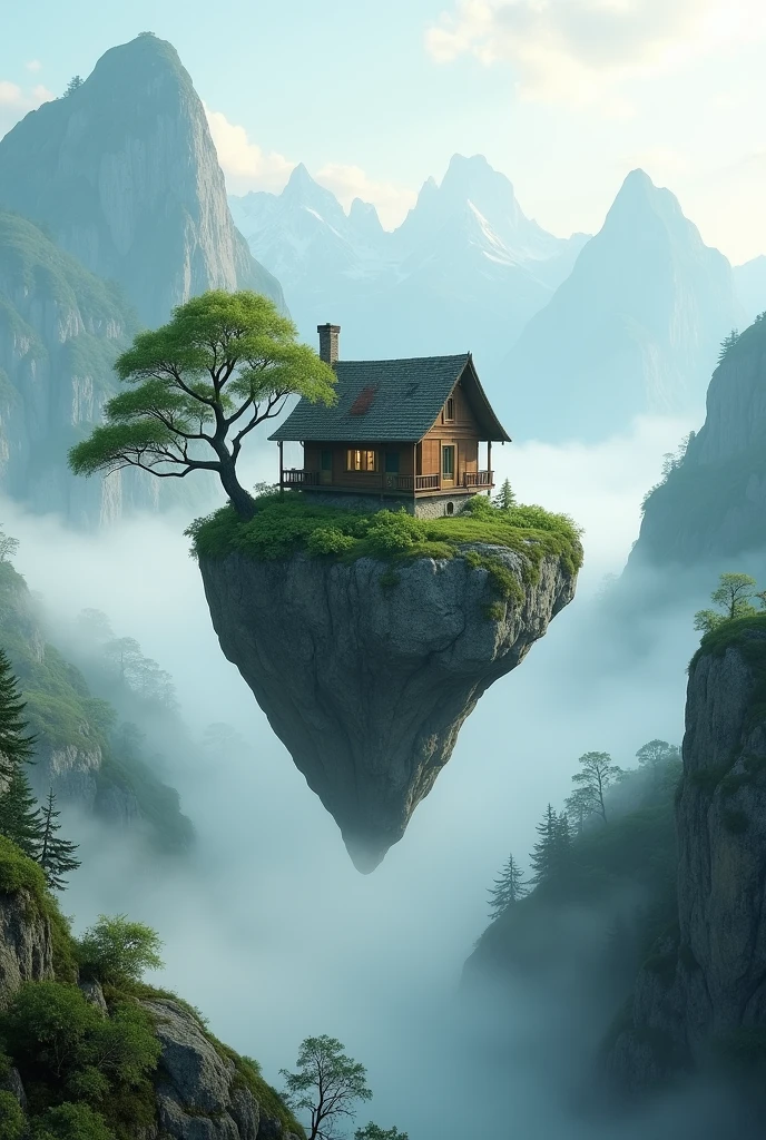 In a wide frame a small floating house on a rock and mountains and fog in the background a rock covered with moss and a tree close to the house