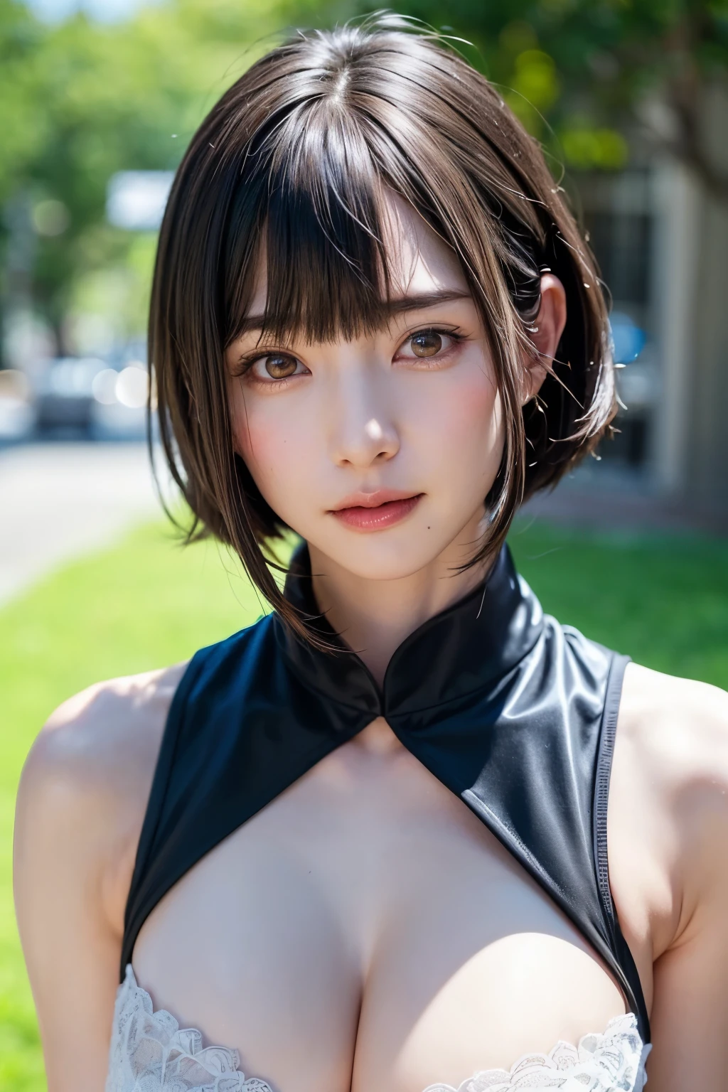 (masterpiece, Highest quality),One Girl, alone, Black-haired,Realisticで全てを詳細に美しく描画する, Have, Realistic, Realistic, Looking at the audience, Light-coloured black eyes, Short brunette bob, Brown coat,, lips, prohibit, Plein Air, Upper Body、Big eyes、Beautiful view of sparkling snow lassi))、(((Short bob hair with bangs:1.4、Shiny Hair、prohibit:1.4、Big eyes、large full chest、Highlights the eyes、Gazing at the audience、Beautiful beauty、Listen carefully、Long neck、Laugh a little、smile、Ideal body type)))、{Huge|big|Hugeな|Mega} chest:2, chestの谷間:2、大きなchestの谷間を見せる