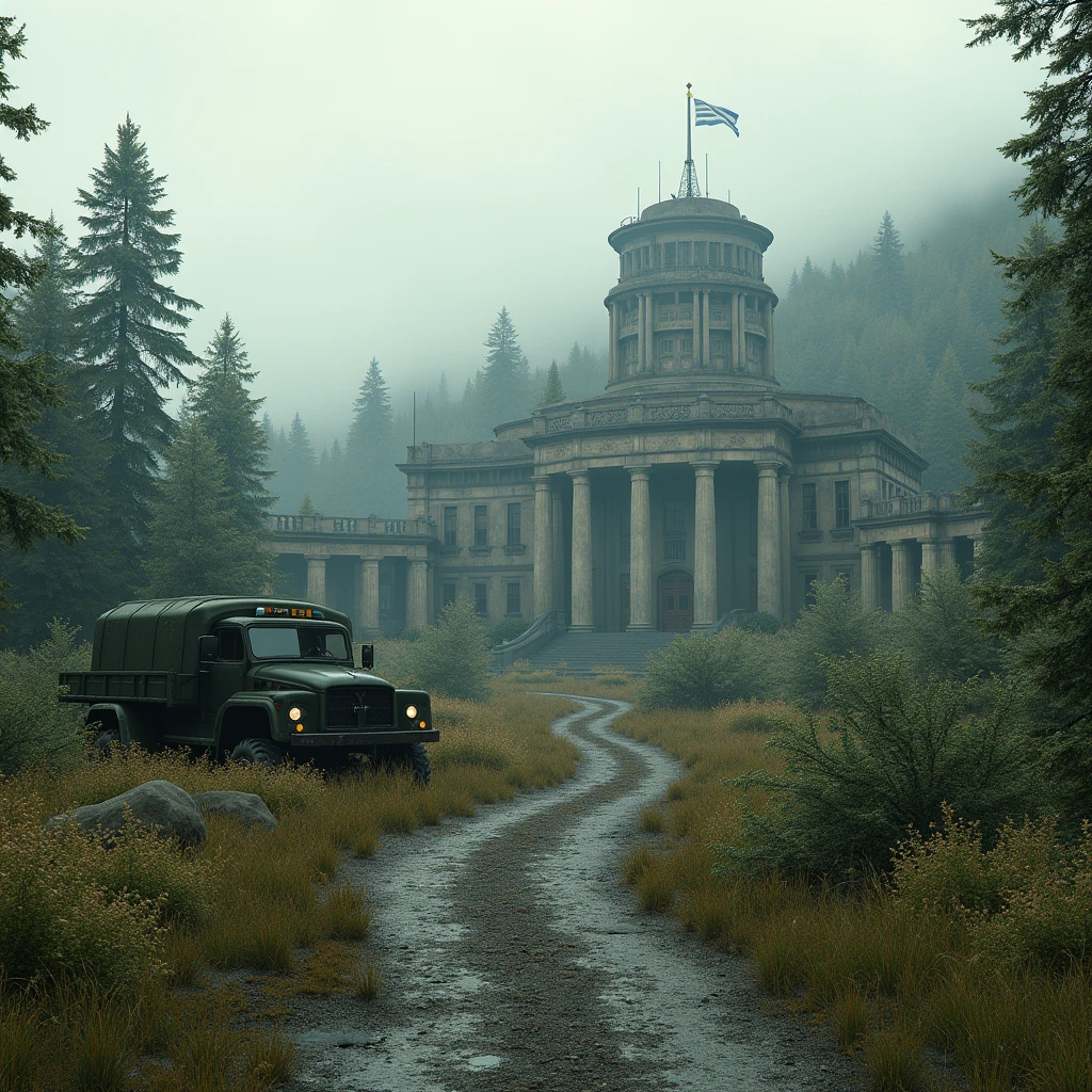 An abandoned military base, slowly being reclaimed by nature, with crumbling buildings, rusted vehicles, and overgrown vegetation. The base is eerily silent, with the remnants of a forgotten conflict scattered across the landscape. (masterpiece, ultra detailed, 8K, high resolution, cinematic lighting, photorealistic, post-apocalyptic atmosphere)