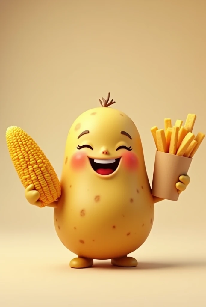 Create a smiling potato with a prepared corn on the cob in your right hand and some French fries in your left hand.