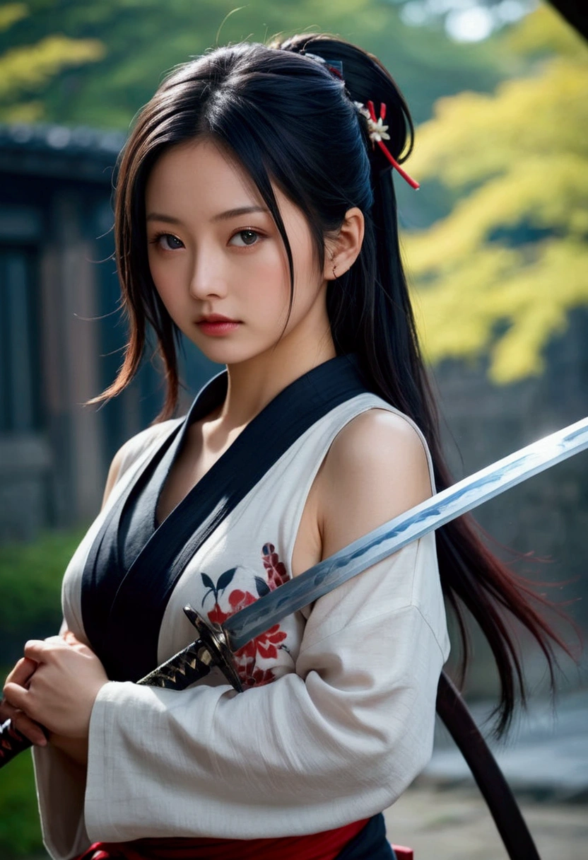 (Japanese sword &reference;Muramasa 2&reference;.2)Beautiful 27 year old woman、Japanese women、Tie your hair back、Hair ornament artist、Shinobi Costume、Warrior、Clear Eyes、{Arm tattoo(SakuraFubuki}'Back Tattoo、Warrior、(Japanese swordを両手で構える、1.3)(Japanese sword1.2)Intermediate position、In front of the body、(Hold the sword sideways 1.3)、whole body、Long Blade Sword、Realistic battle scenes、敵Warriorの返りBlood、Blood、High resolution、Highest quality、Very detailed、8k、background、The castle is burning、Sparks fly、