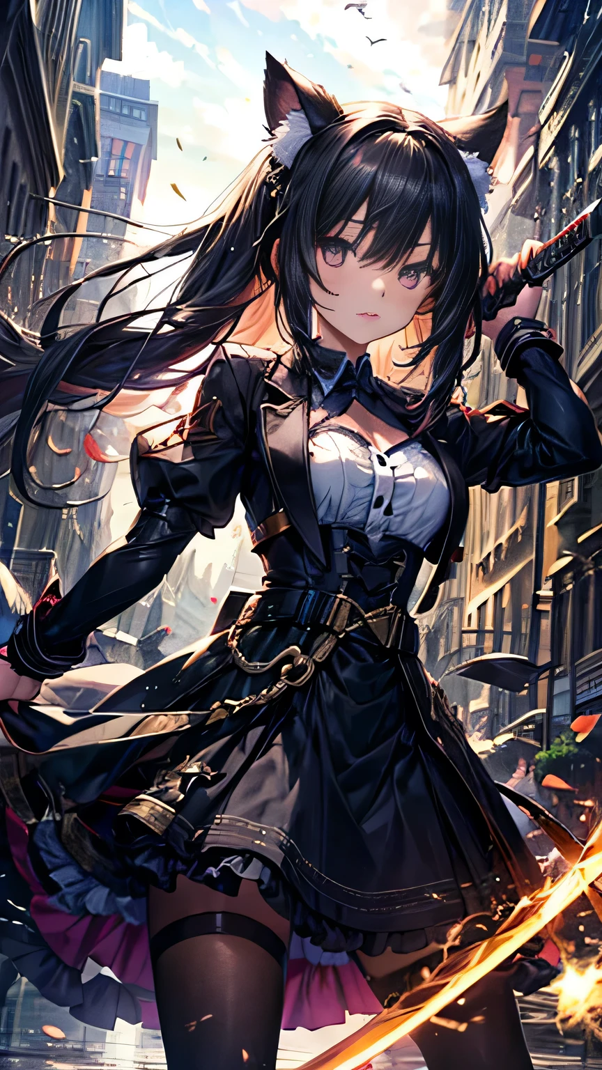 A young black cat girl is killing targets with a large sword