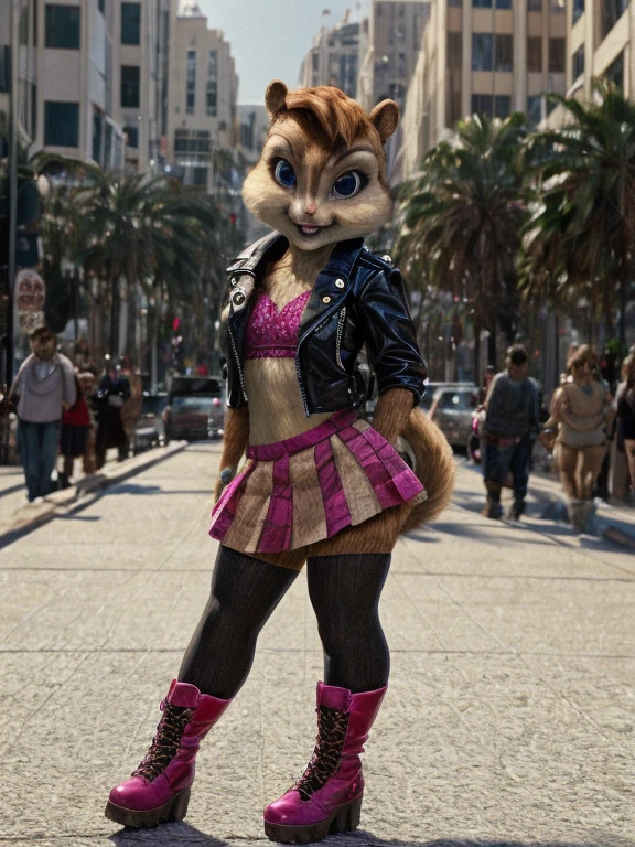 score_9, score_8_up, score_7, score_6, Hollywood Boulevard, brittany miller, chipmunk, furry, short ears, Gothic top, pink leather jacket, pink Gothic skirt, black leggings, pink boots, looking at viewer, 6 inches tall,