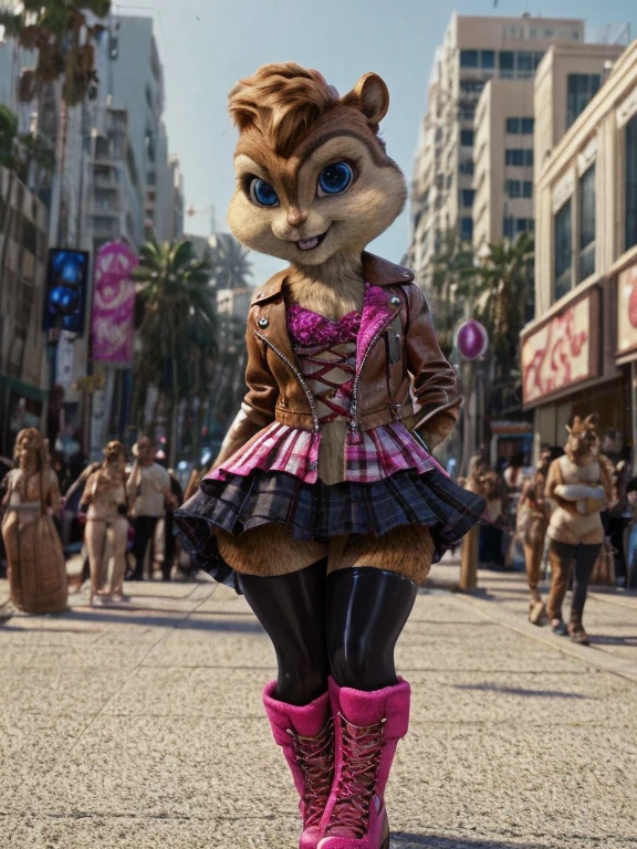 score_9, score_8_up, score_7, score_6, Hollywood Boulevard, brittany miller, chipmunk, furry, short ears, Gothic top, pink leather jacket, pink Gothic skirt, black leggings, pink boots, looking at viewer, 6 inches tall,