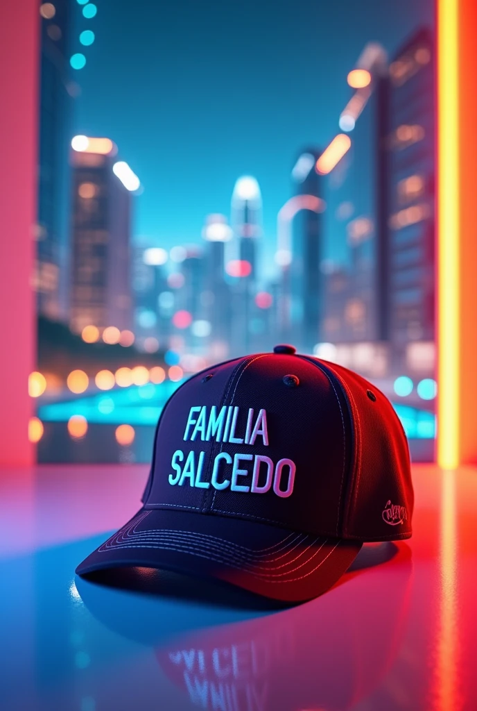 A stunning hyper-realistic photo of an Olympic cap, featuring the text "FAMILIA SALCEDO" prominently displayed. The cap is placed on a sleek, modern table, with a vibrant and diverse color palette. The background showcases a futuristic urban landscape, with a focus on city lights and a stunning skyline. The image is rendered in ultra-high definition (UHD) and an impressive 16K resolution, showcasing the photorealistic quality and attention to detail. This stylish and fashionable cap is perfect for any sports enthusiast, bringing together product and fashion elements in a captivating design., 3d render, product, vibrant, typography, fashion, photo
