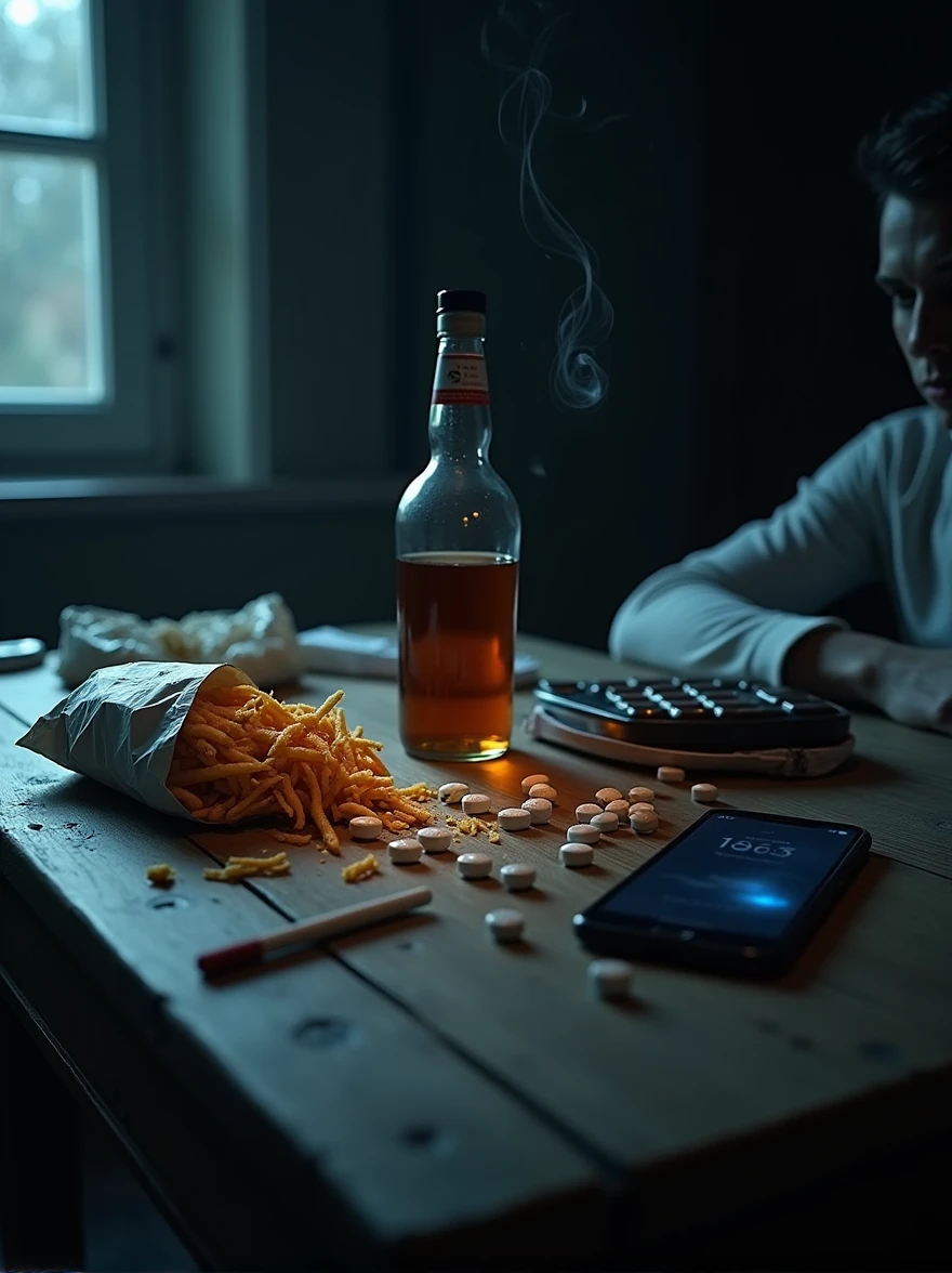 A dark table with a fast food, whiskey, cigarrete, chocolate, pills and a smartphone. Night aesthetic, bedroom ambient, bad illumination, night vicious addicted