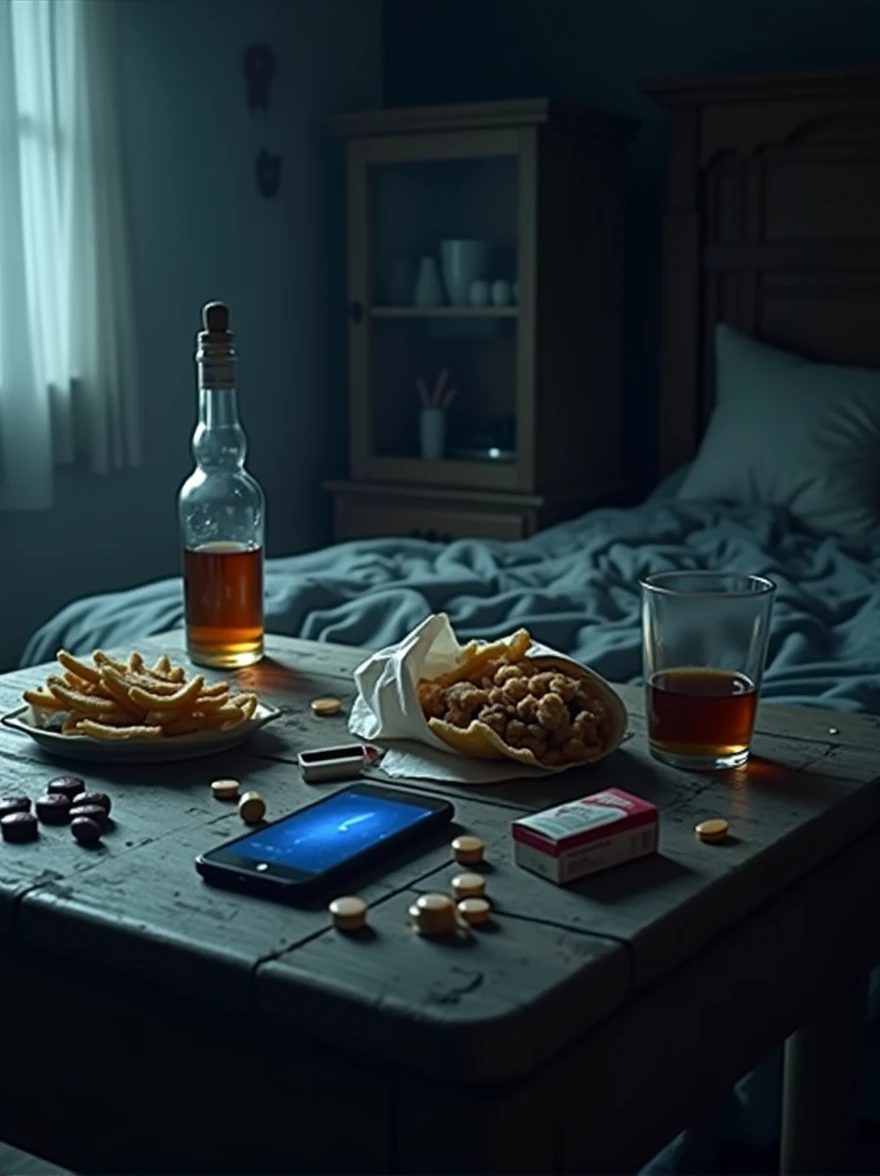 A dark table with a fast food, whiskey, cigarrete, chocolate, pills and a smartphone. Night aesthetic, bedroom ambient, bad illumination, night vicious addicted