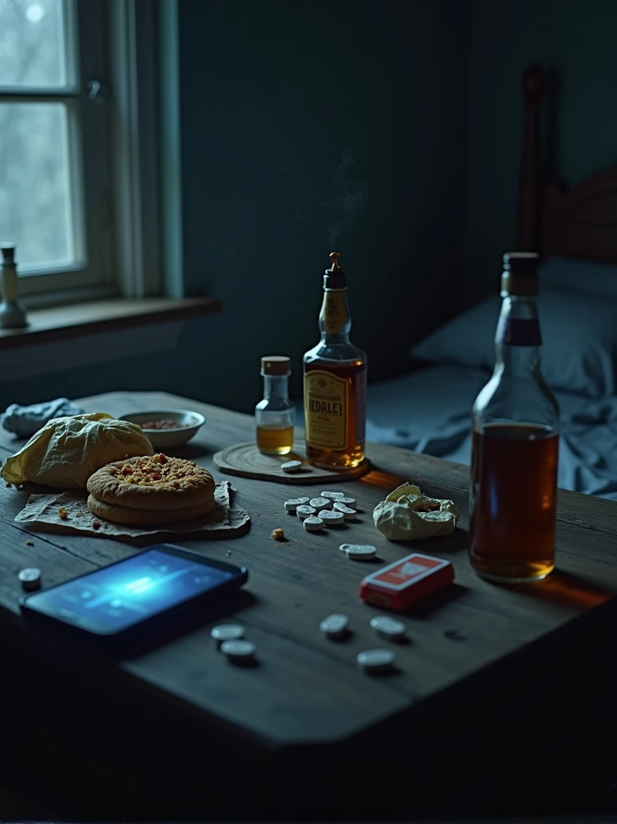 A dark table with a fast food, whiskey, cigarrete, chocolate, pills and a smartphone. Night aesthetic, bedroom ambient, bad illumination, night vicious addicted